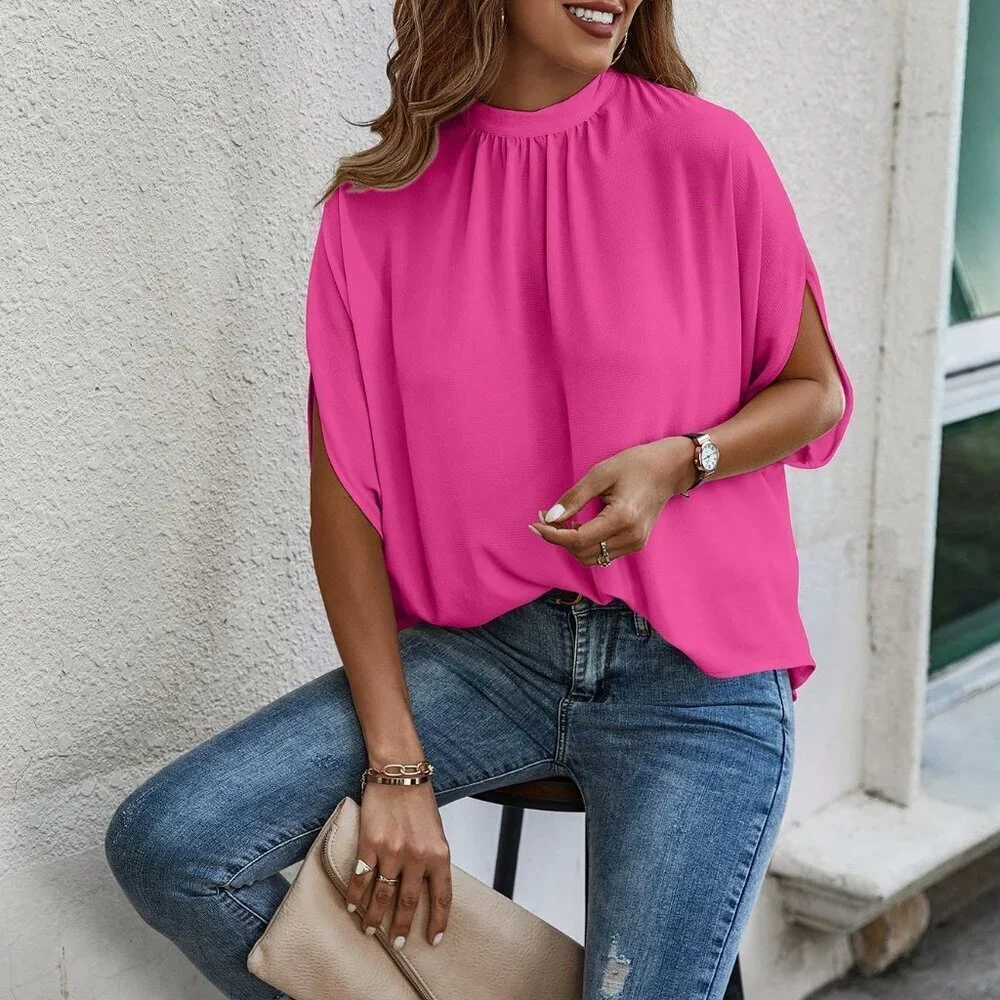 Hot Pink Casual Women's Stand Collar Loose Bat Wing Sleeve Blouse